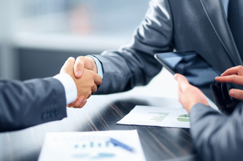 Two people shaking hands with papers in the background
