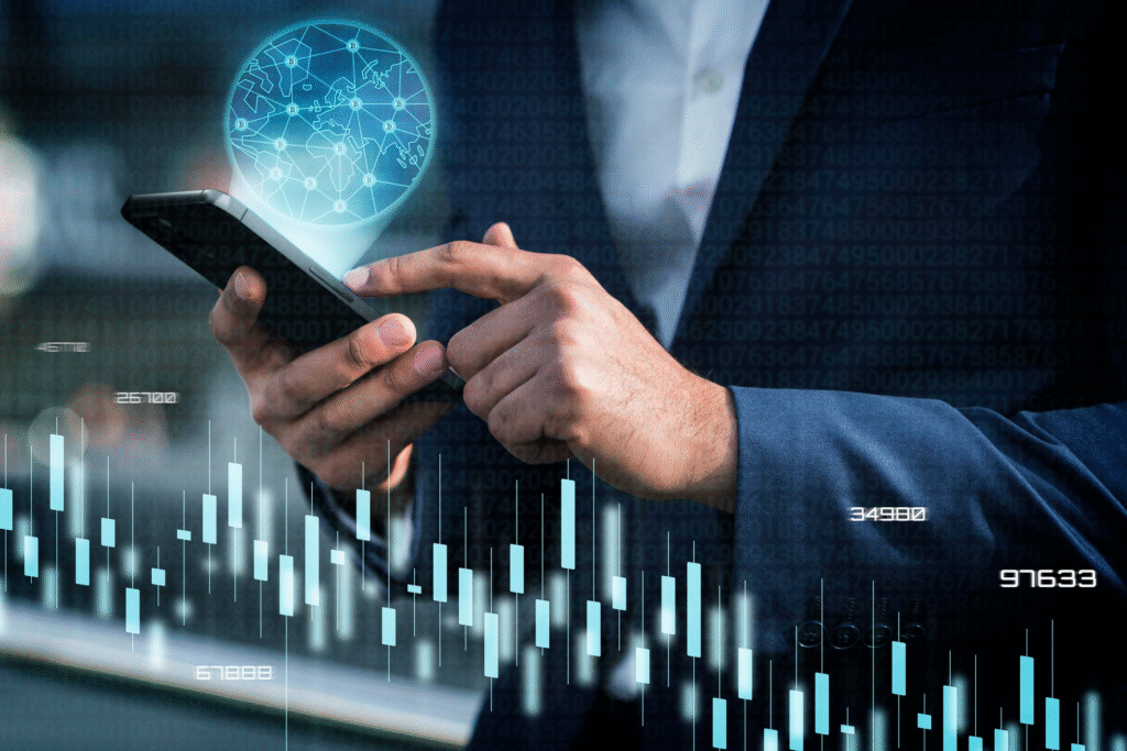 a 3D image of a man navigating stocks and investments on his phone