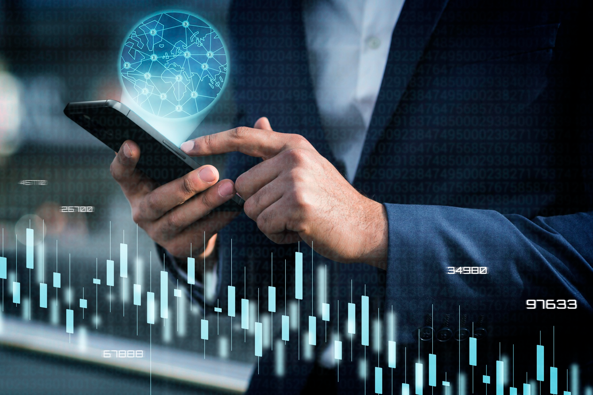 a 3D image of a man navigating stocks and investments on his phone